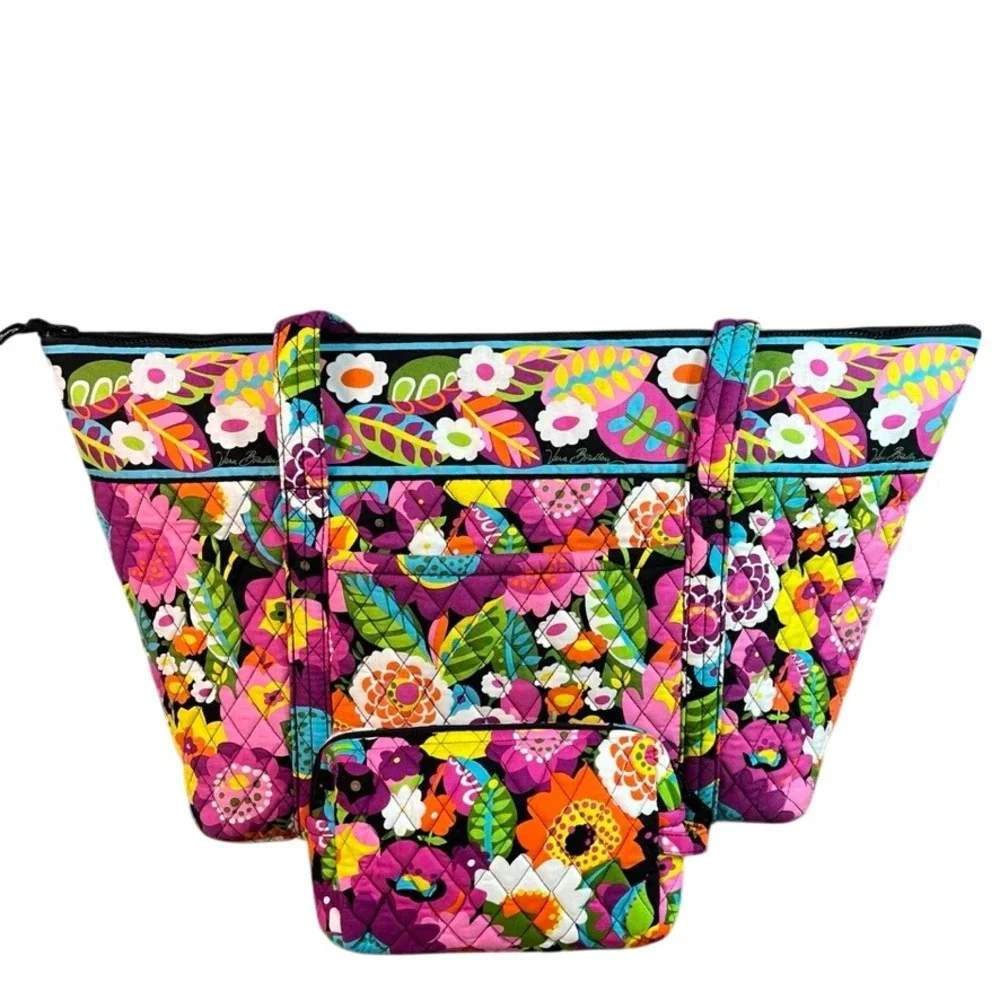 Vera Bradley Lilli Bell Floral Quilted Cotton Tote Bag Pink Purple Zipper Top